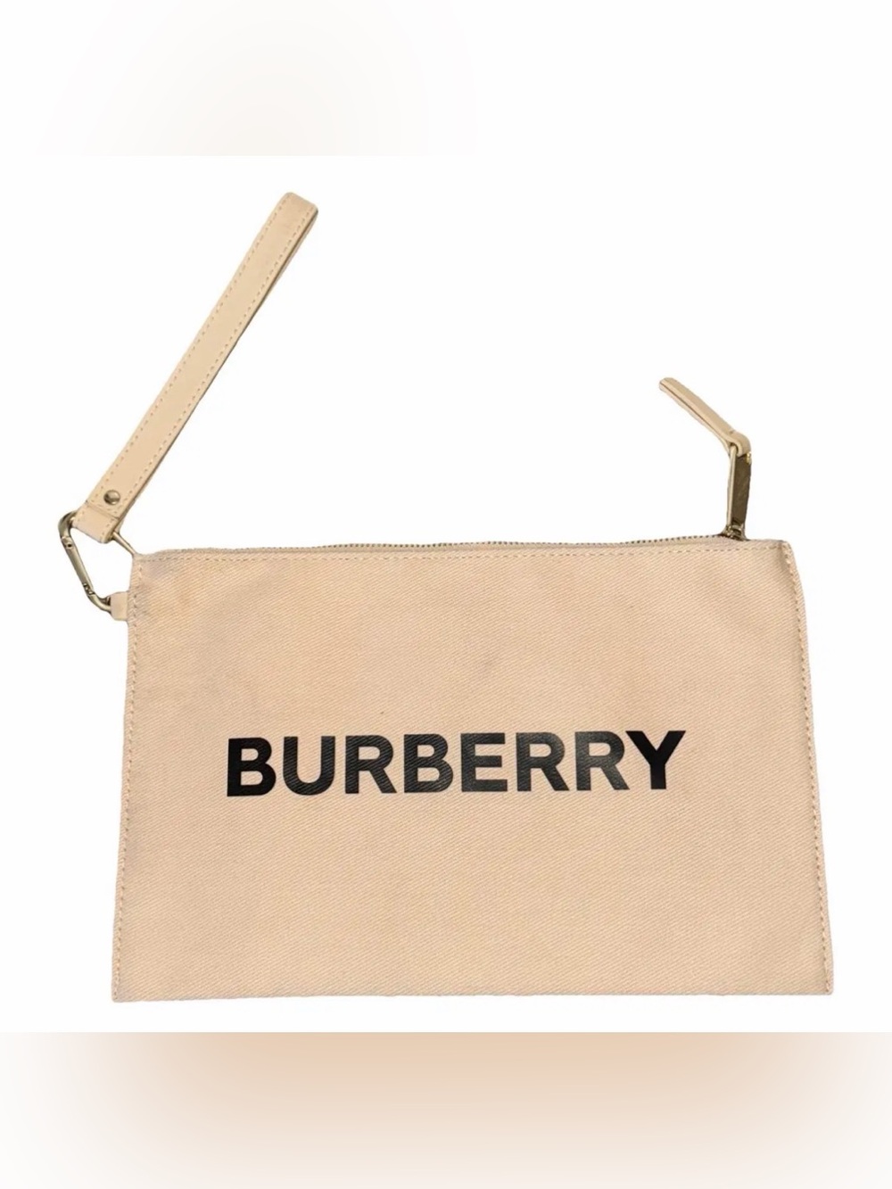 Burberry Cream Canvas Zip Wristlet with Black Logo Tag